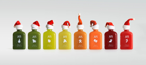 Праздничный дизайн упаковки – рождественские бутылки с соком